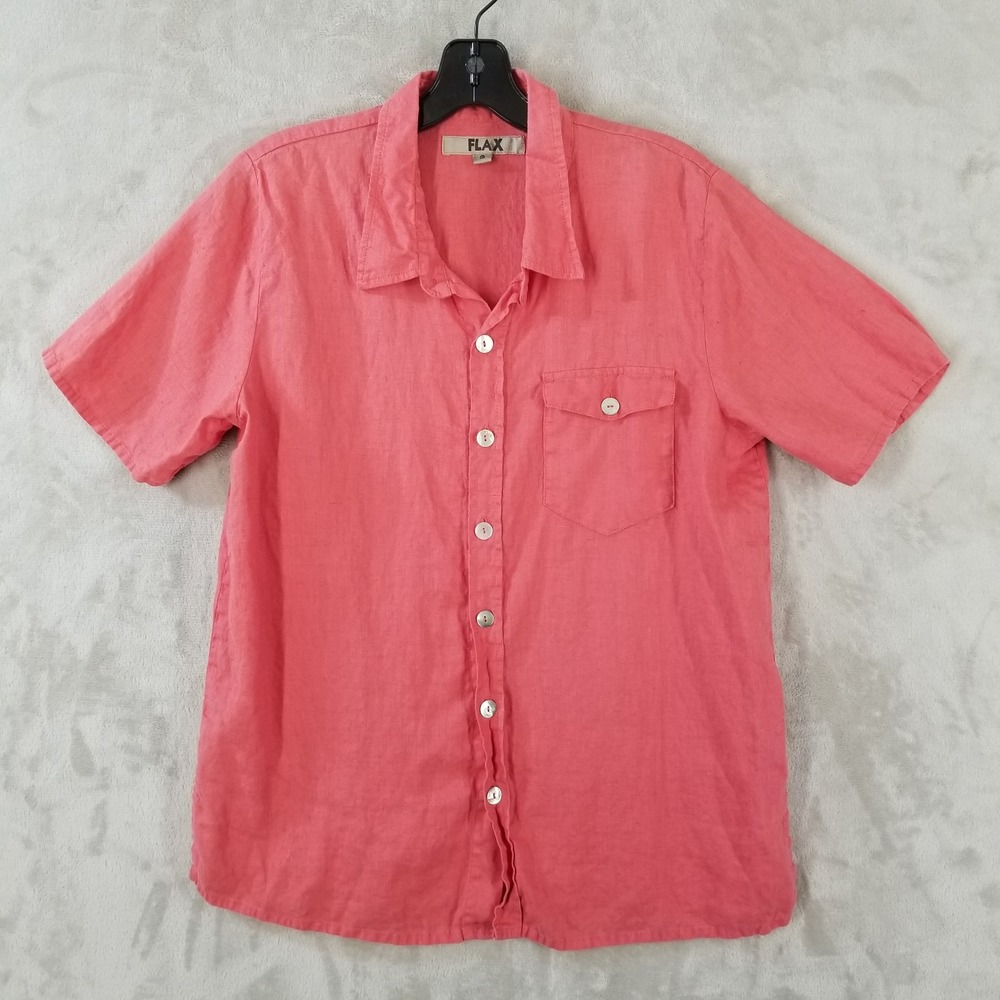 Flax Blouse Women Small Red 100% Linen Short Sleeve Button Down Minimal Casual